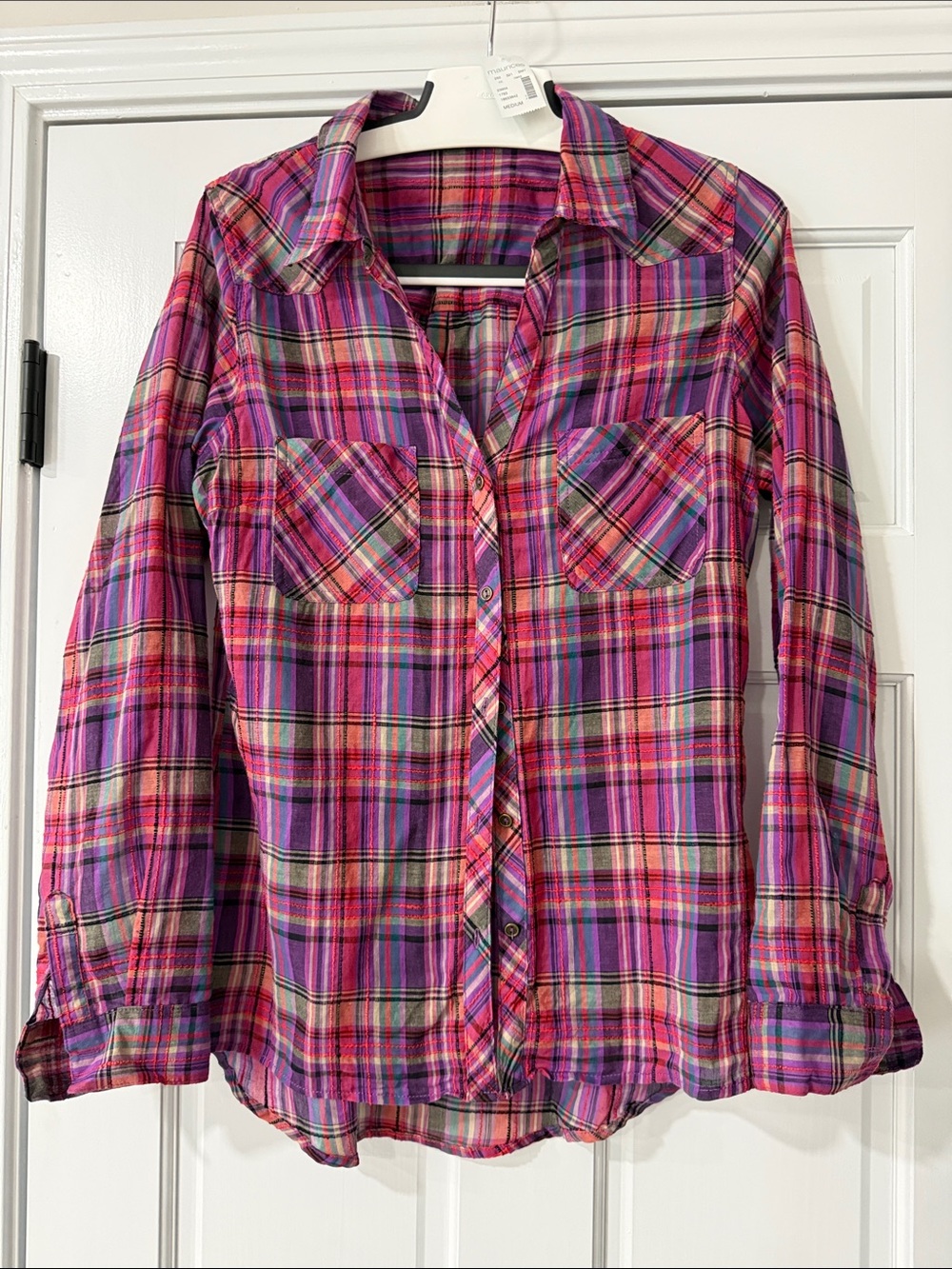 Vintage purple plaid maurices button up long sleeve blouse size Medium BNWT
